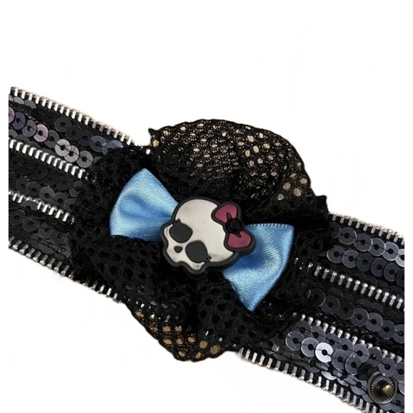 Monster High Black Gothic Sequins & Lace Cuff Snap Closure Bow Skeleton Bracelet - Picture 1 of 7